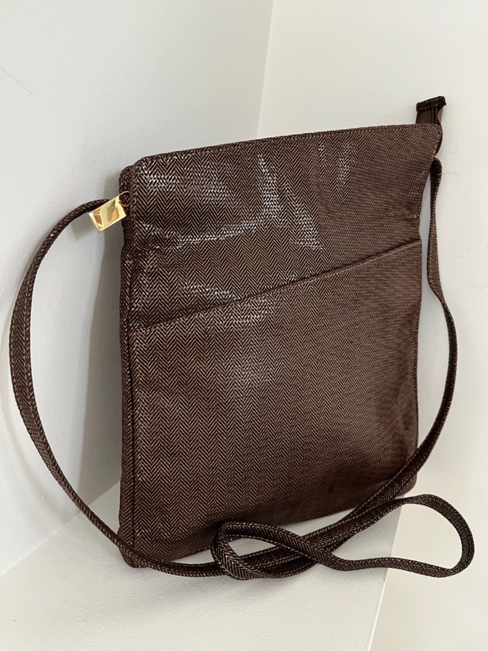 ARNOLD CHURGIN Shiny Faux Leather Asymmetric Cross Body Bag Herringbone Pattern